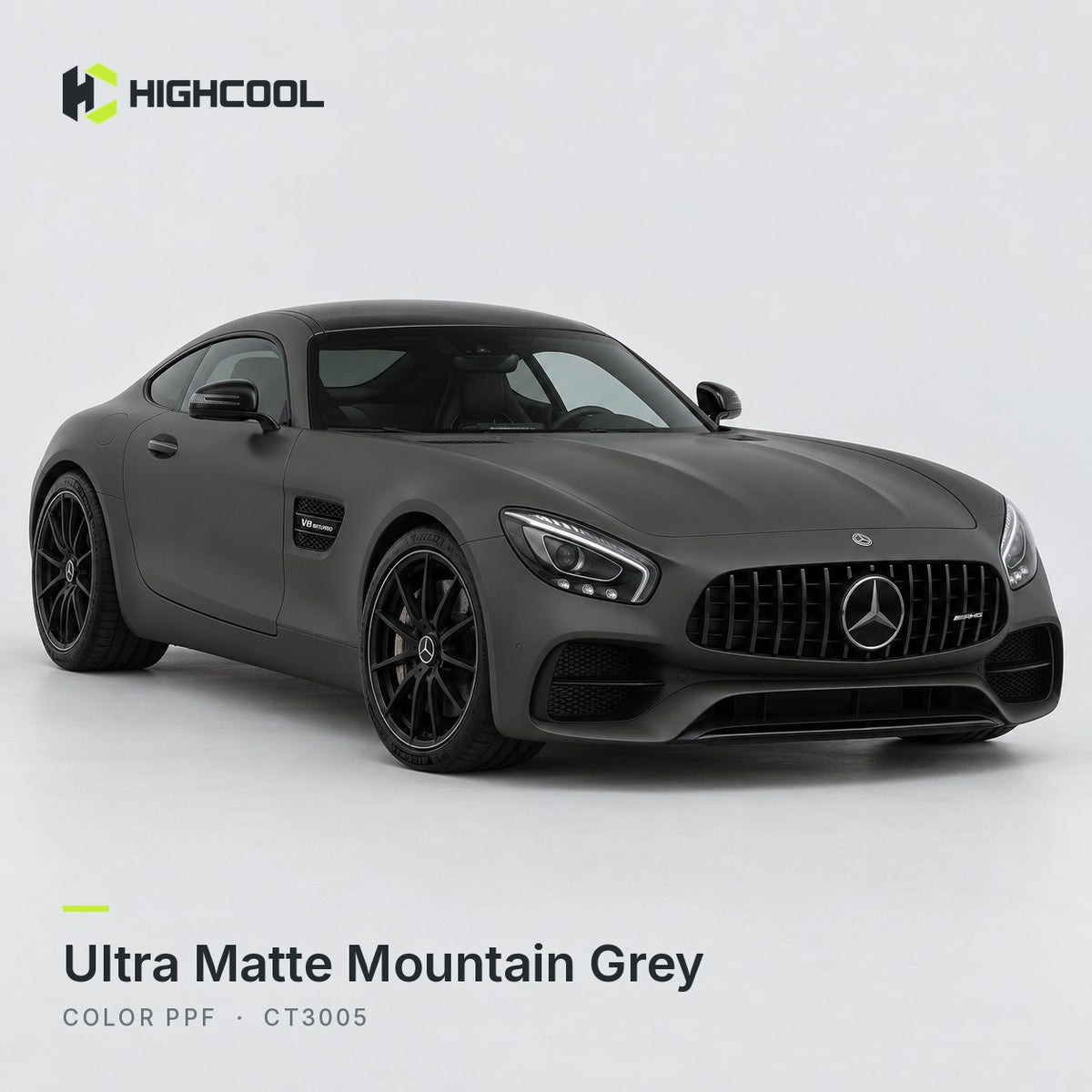 HIGHCOOL Ultra Matte Mountain Grey Color PPF (CT3005) on a car, studio rendering