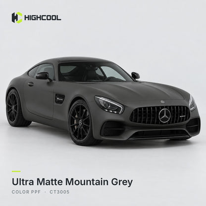 HIGHCOOL Ultra Matte Mountain Grey Color PPF (CT3005) on a car, studio rendering