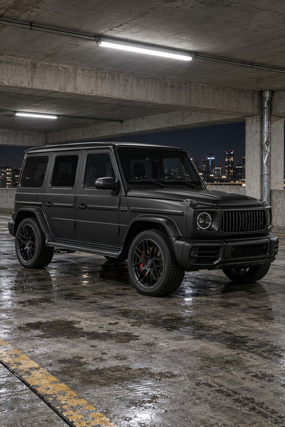 HIGHCOOL Matte Black Color PPF, rendering of a wrapped car on location