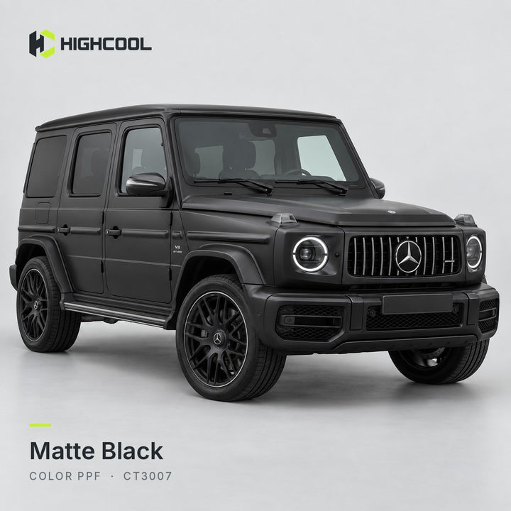 HIGHCOOL Matte Black Color PPF (CT3007) on a car, studio rendering