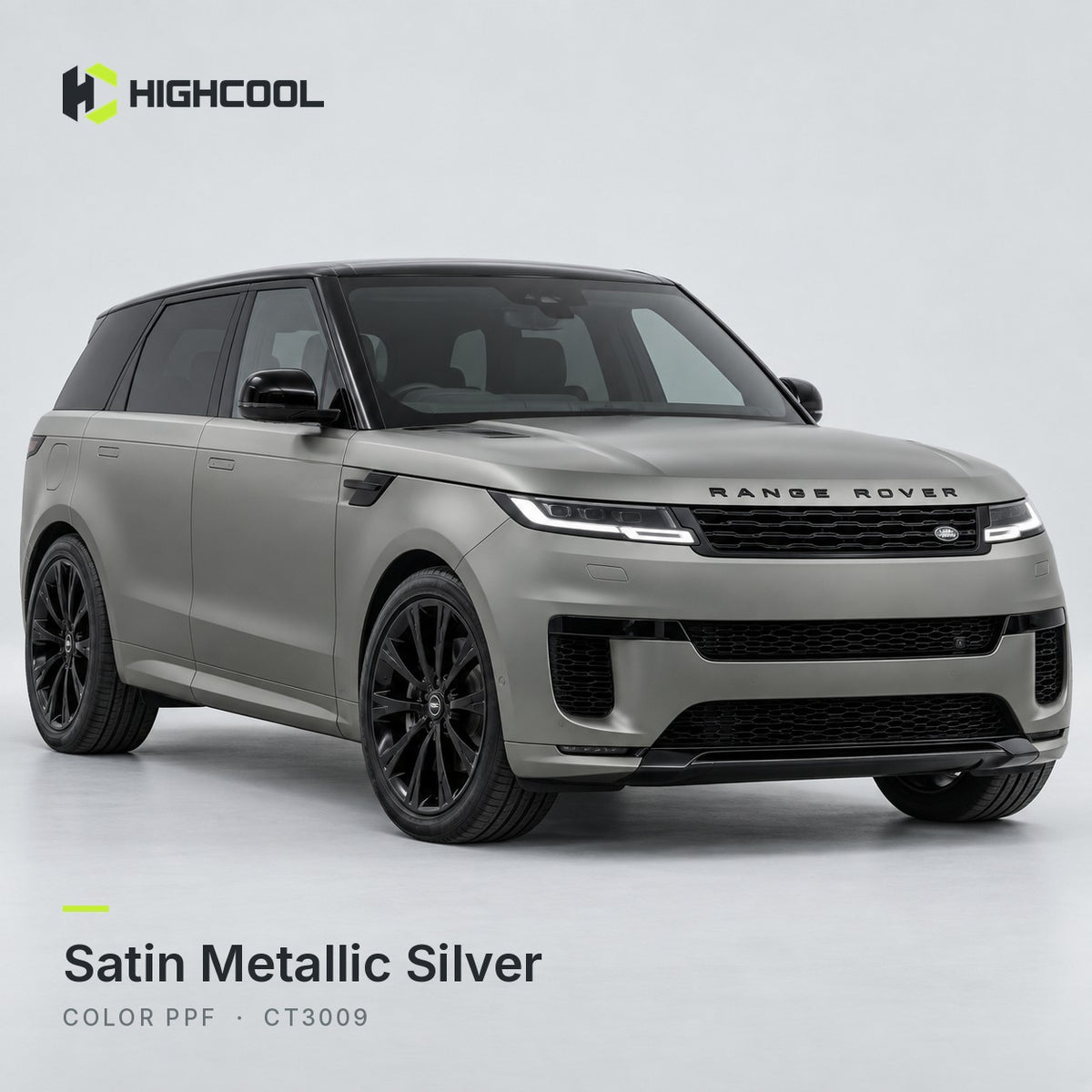 HIGHCOOL Satin Metallic Silver Color PPF (CT3009) on a car, studio rendering
