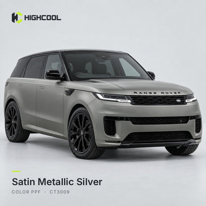 HIGHCOOL Satin Metallic Silver Color PPF (CT3009) on a car, studio rendering