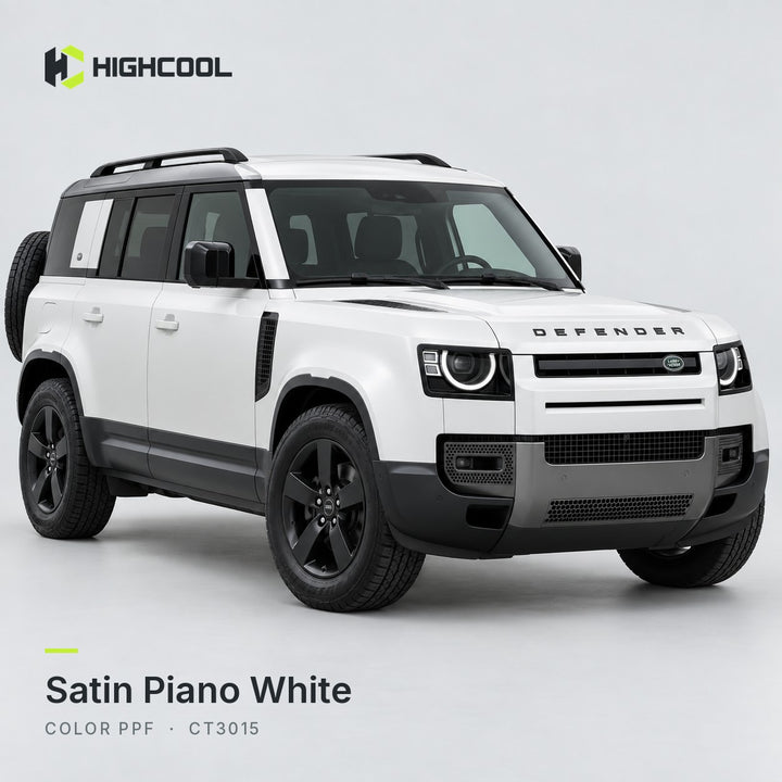 HIGHCOOL Satin Piano White Color PPF (CT3015) on a car, studio rendering