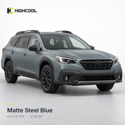 HIGHCOOL Matte Steel Blue Color PPF (CT3030) on a car, studio rendering