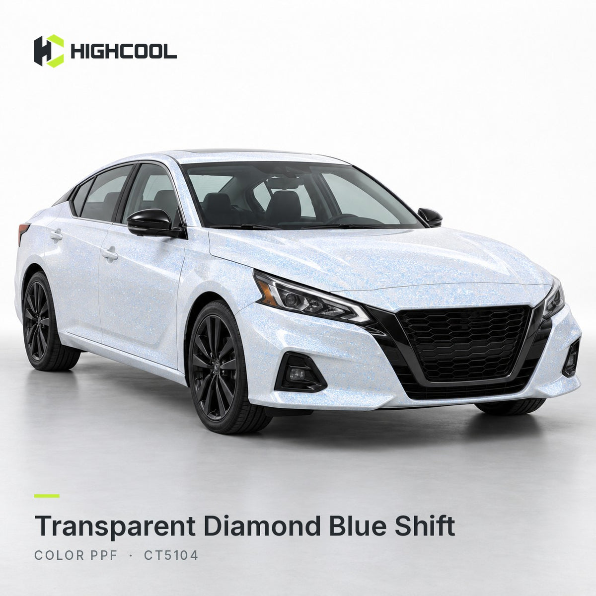 HIGHCOOL Transparent Diamond Blue Shift Color PPF (CT5104) on a car, studio rendering