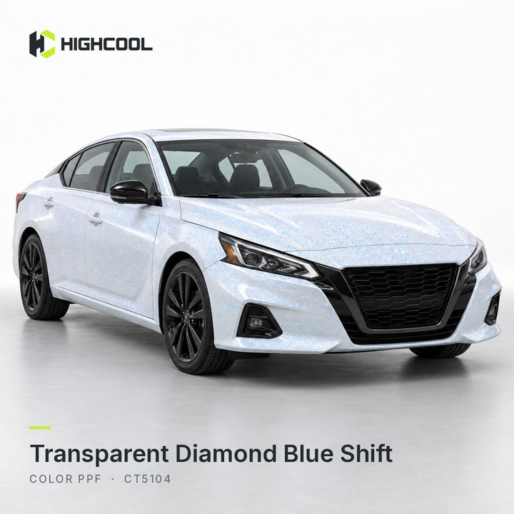 HIGHCOOL Transparent Diamond Blue Shift Color PPF (CT5104) on a car, studio rendering