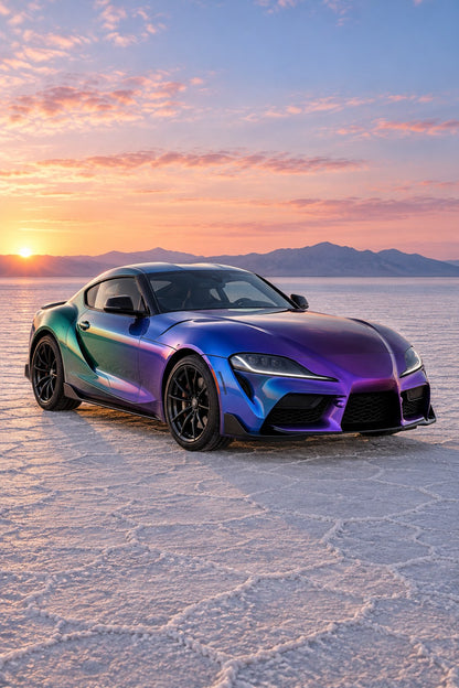 HIGHCOOL Chameleon Purple Blue Green Color PPF, rendering of a wrapped car on location