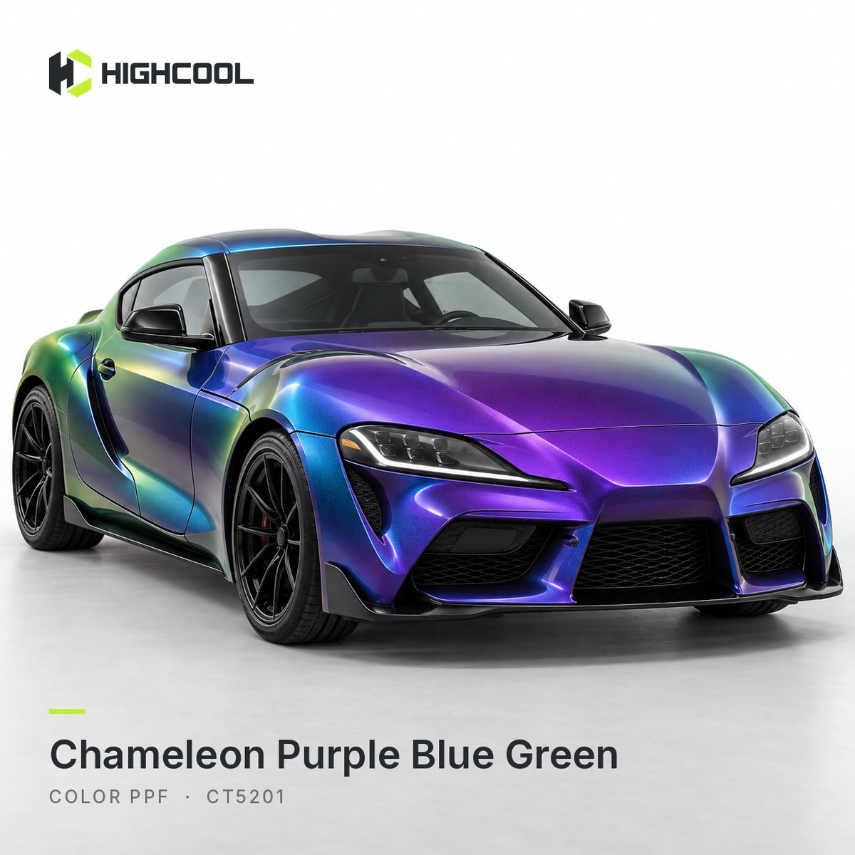 HIGHCOOL Chameleon Purple Blue Green Color PPF (CT5201) on a car, studio rendering
