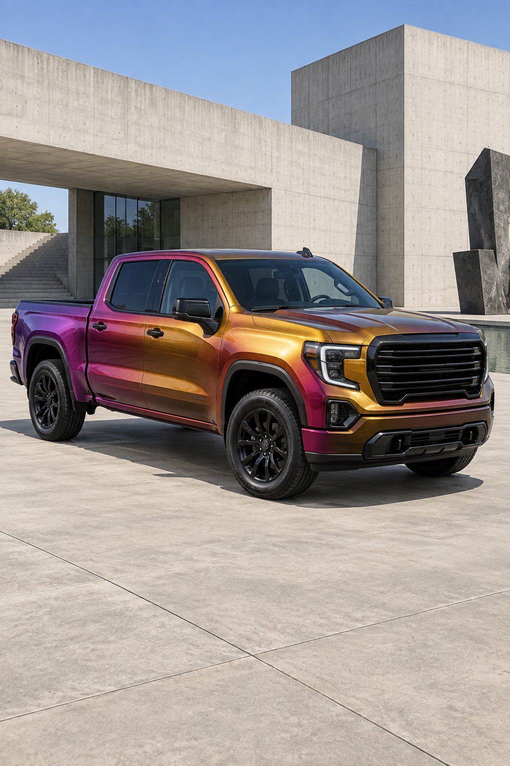 HIGHCOOL Chameleon Gold Red Purple Color PPF, rendering of a wrapped car on location