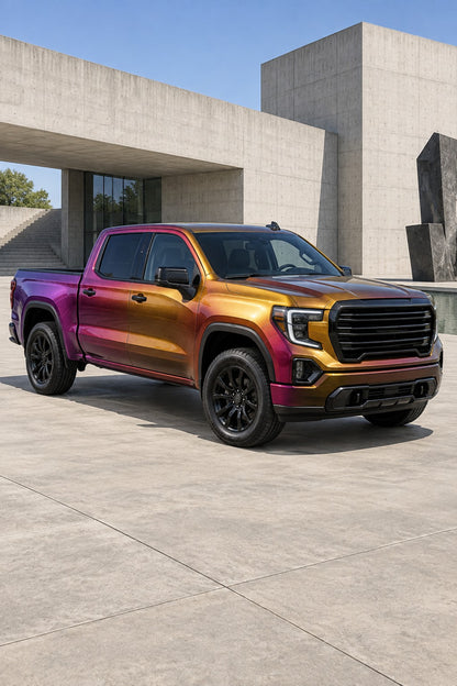 HIGHCOOL Chameleon Gold Red Purple Color PPF, rendering of a wrapped car on location