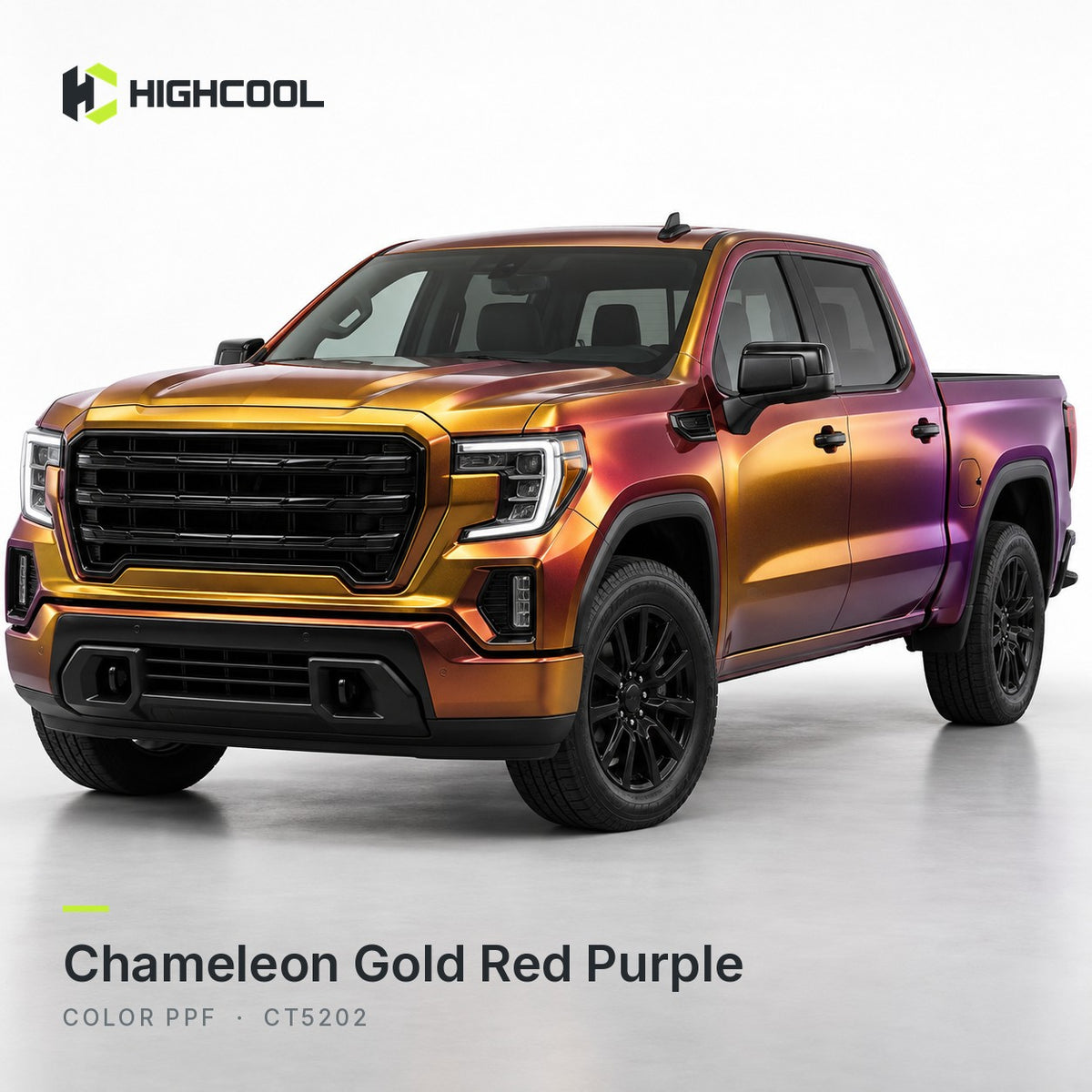 HIGHCOOL Chameleon Gold Red Purple Color PPF (CT5202) on a car, studio rendering