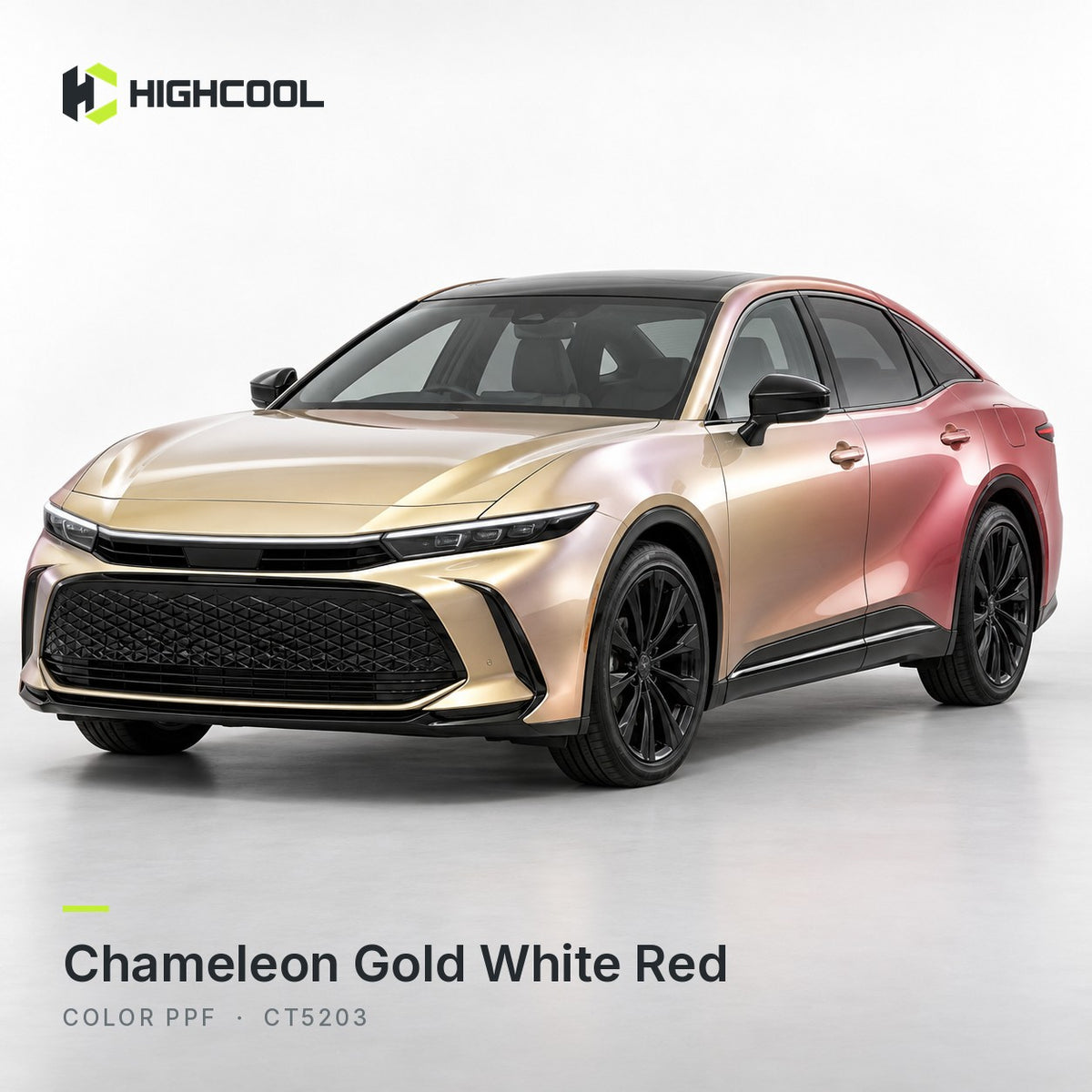 HIGHCOOL Chameleon Gold White Red Color PPF (CT5203) on a car, studio rendering