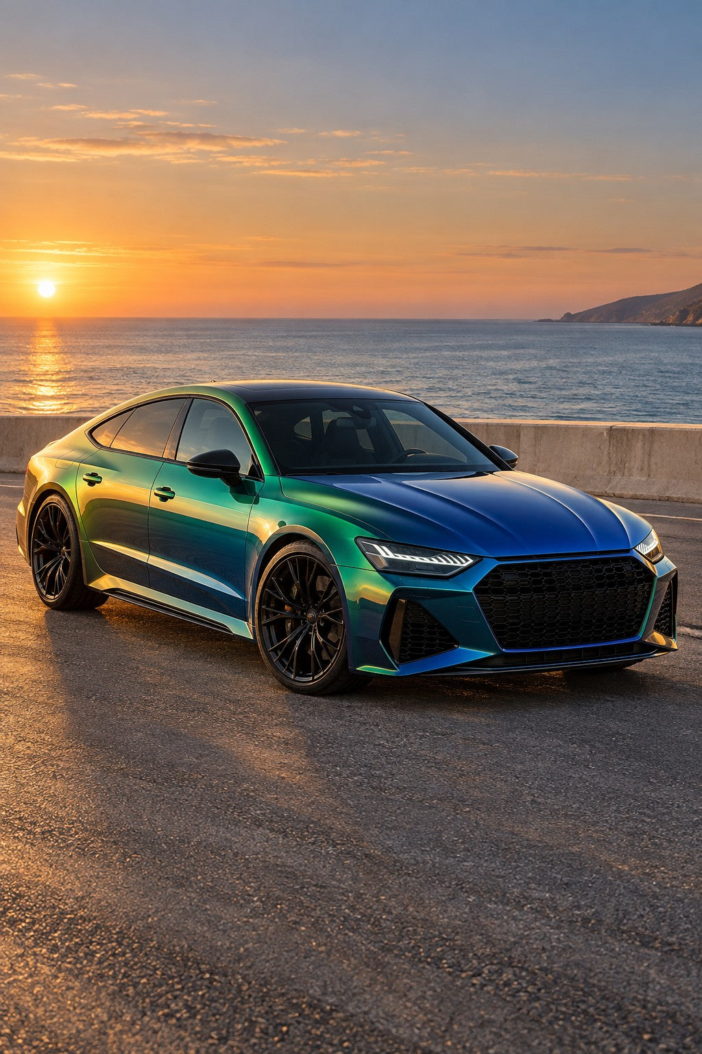 HIGHCOOL Chameleon Blue Green Gold Color PPF, rendering of a wrapped car on location
