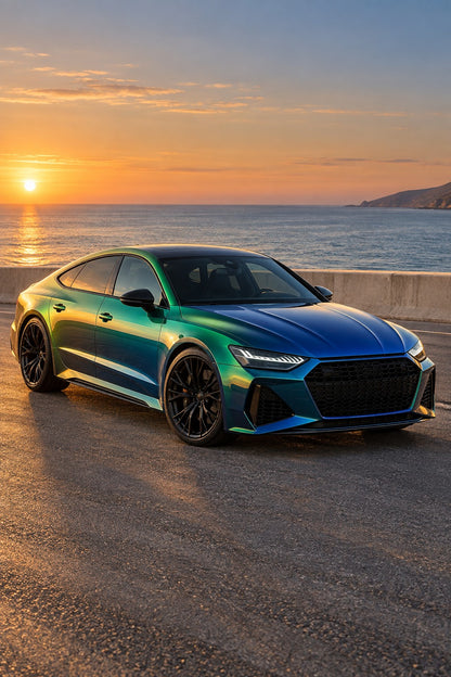 HIGHCOOL Chameleon Blue Green Gold Color PPF, rendering of a wrapped car on location