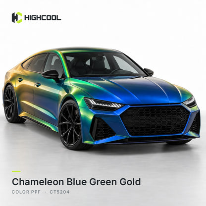 HIGHCOOL Chameleon Blue Green Gold Color PPF (CT5204) on a car, studio rendering