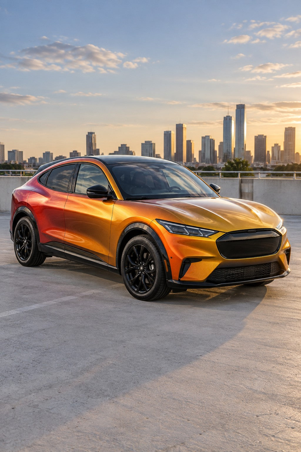 HIGHCOOL Chameleon Gold Orange Red Color PPF, rendering of a wrapped car on location