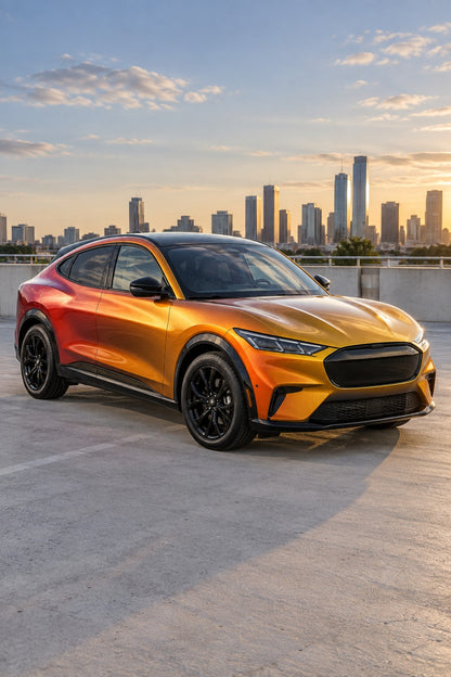 HIGHCOOL Chameleon Gold Orange Red Color PPF, rendering of a wrapped car on location