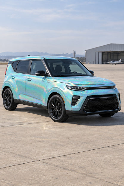 HIGHCOOL Holographic Robin Egg Blue Color PPF, rendering of a wrapped car on location