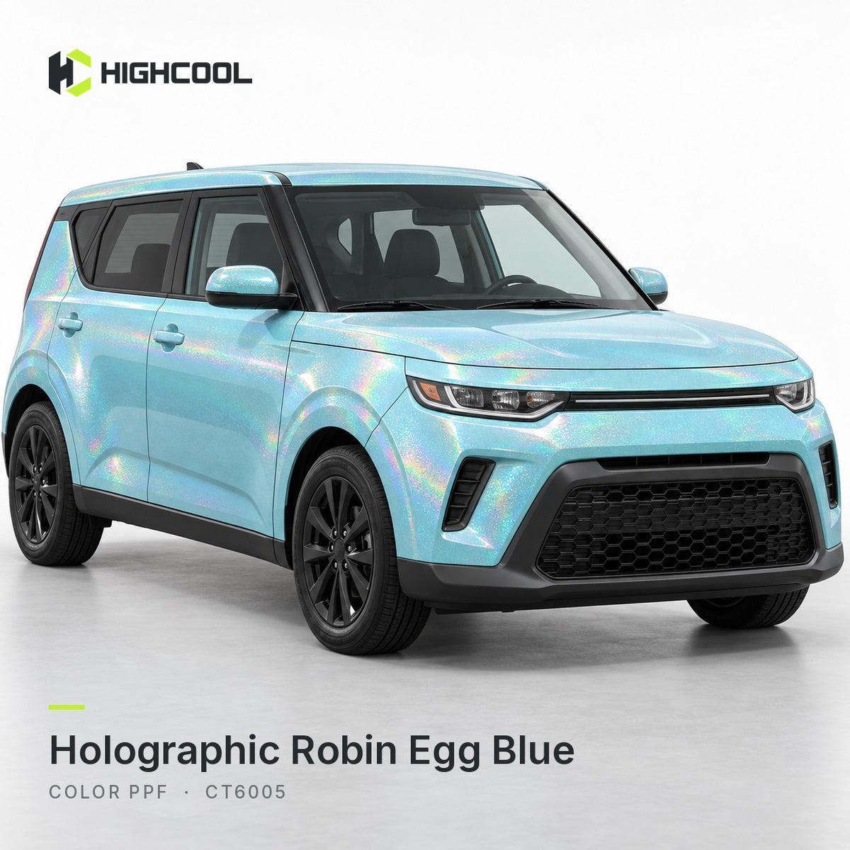 HIGHCOOL Holographic Robin Egg Blue Color PPF (CT6005) on a car, studio rendering