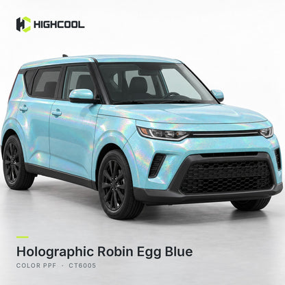 HIGHCOOL Holographic Robin Egg Blue Color PPF (CT6005) on a car, studio rendering
