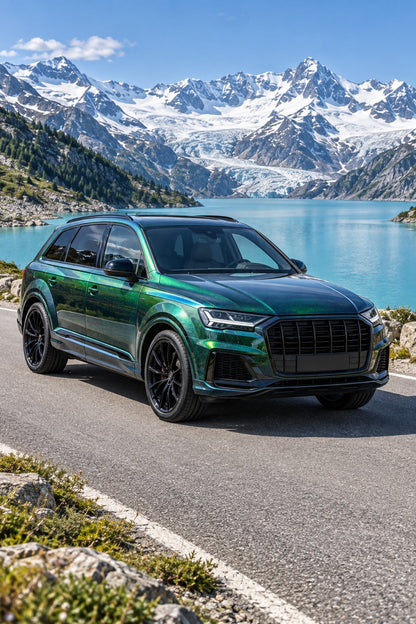 HIGHCOOL Aurora Diamond Green Color PPF, rendering of a wrapped car on location