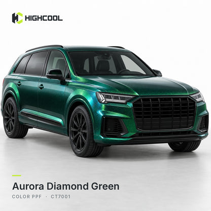 HIGHCOOL Aurora Diamond Green Color PPF (CT7001) on a car, studio rendering