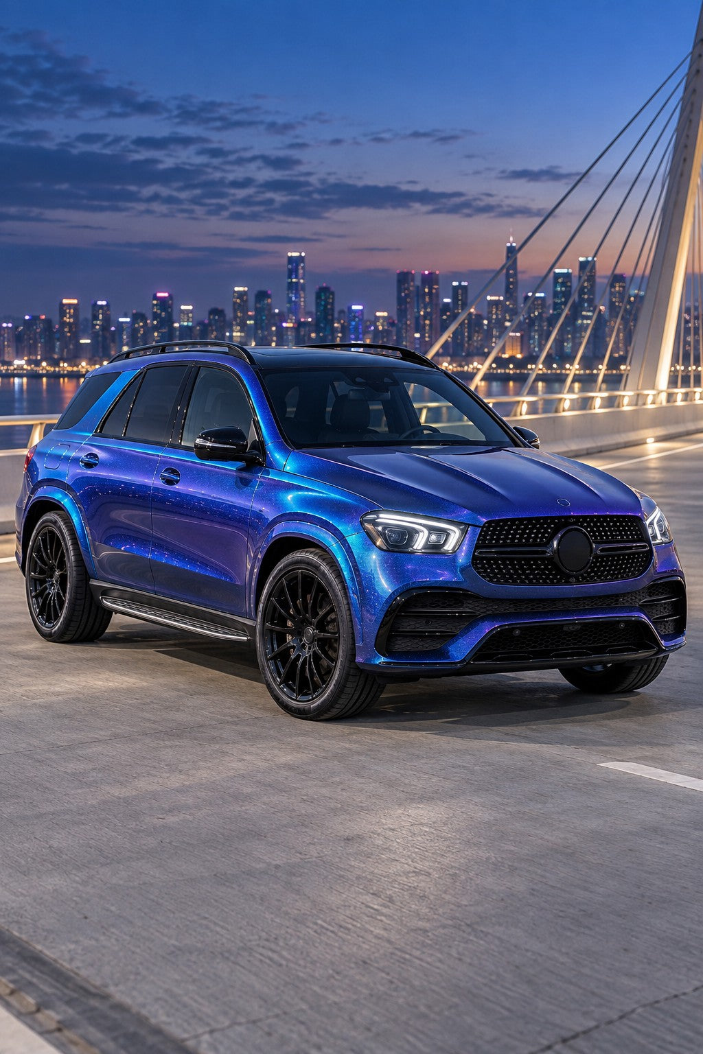 HIGHCOOL Aurora Diamond Blue Color PPF, rendering of a wrapped car on location