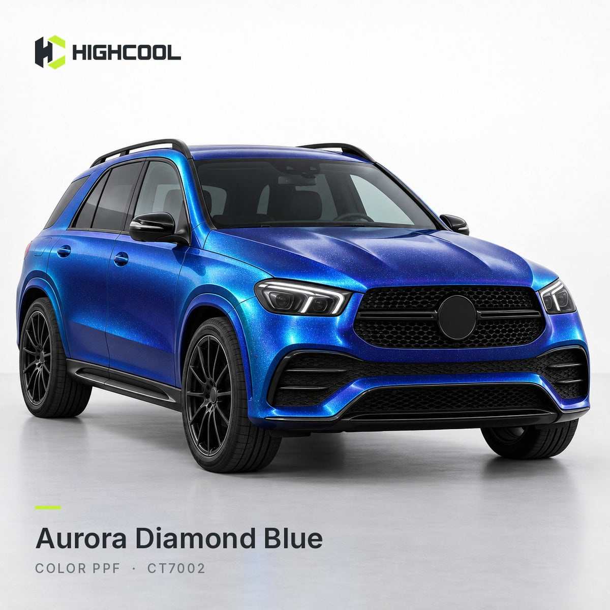 HIGHCOOL Aurora Diamond Blue Color PPF (CT7002) on a car, studio rendering