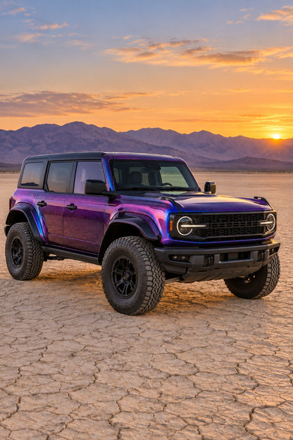 HIGHCOOL Aurora Diamond Purple Color PPF, rendering of a wrapped car on location