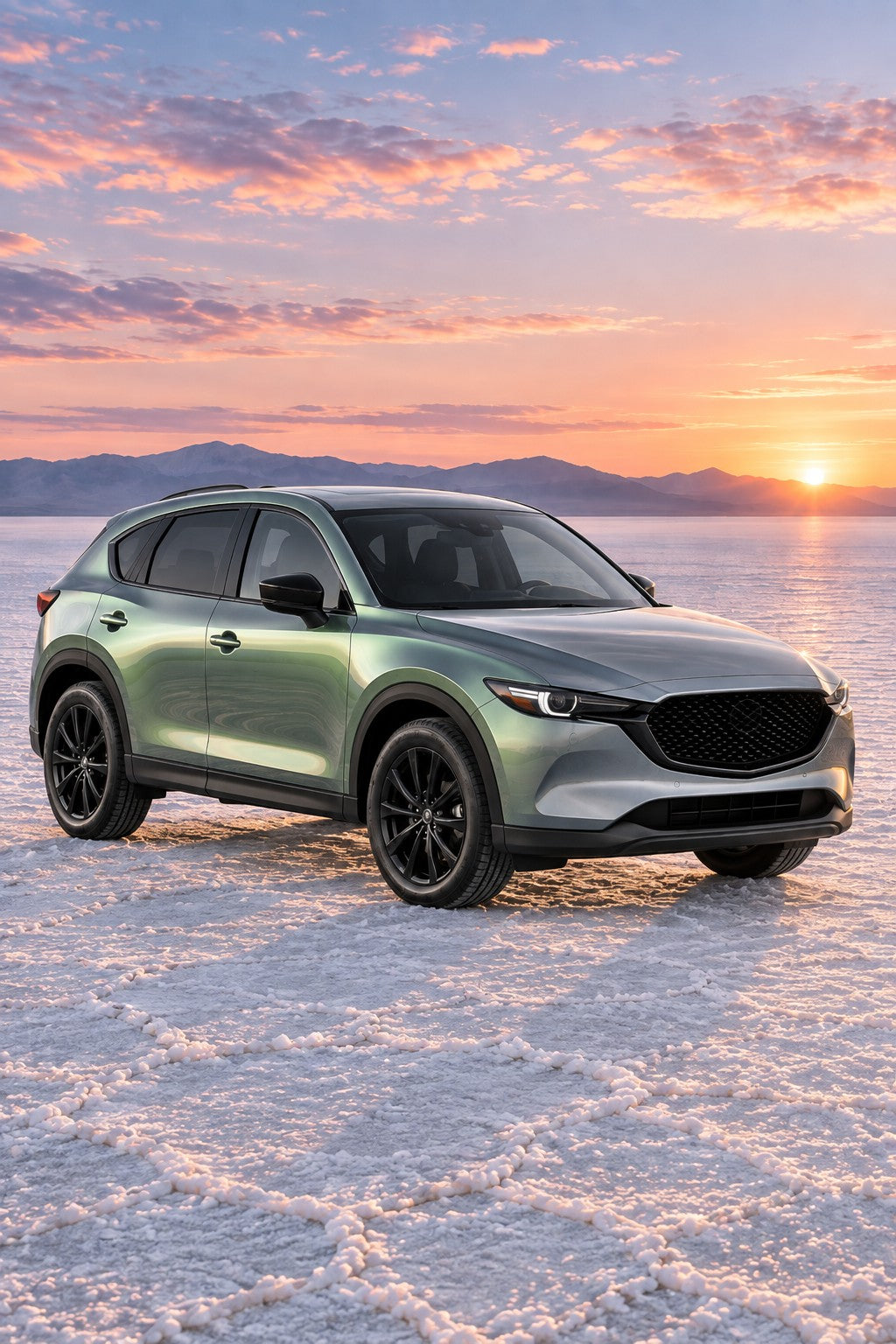 HIGHCOOL Iridescent Grey Green Shift Color PPF, rendering of a wrapped car on location