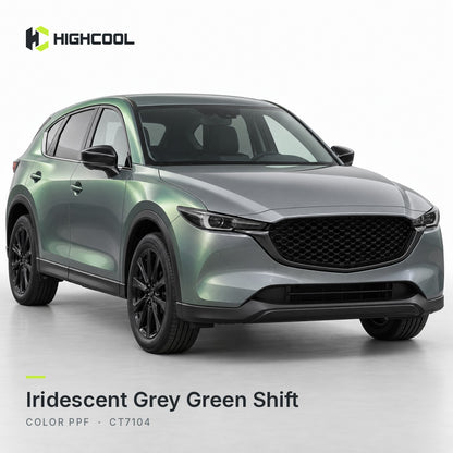 HIGHCOOL Iridescent Grey Green Shift Color PPF (CT7104) on a car, studio rendering