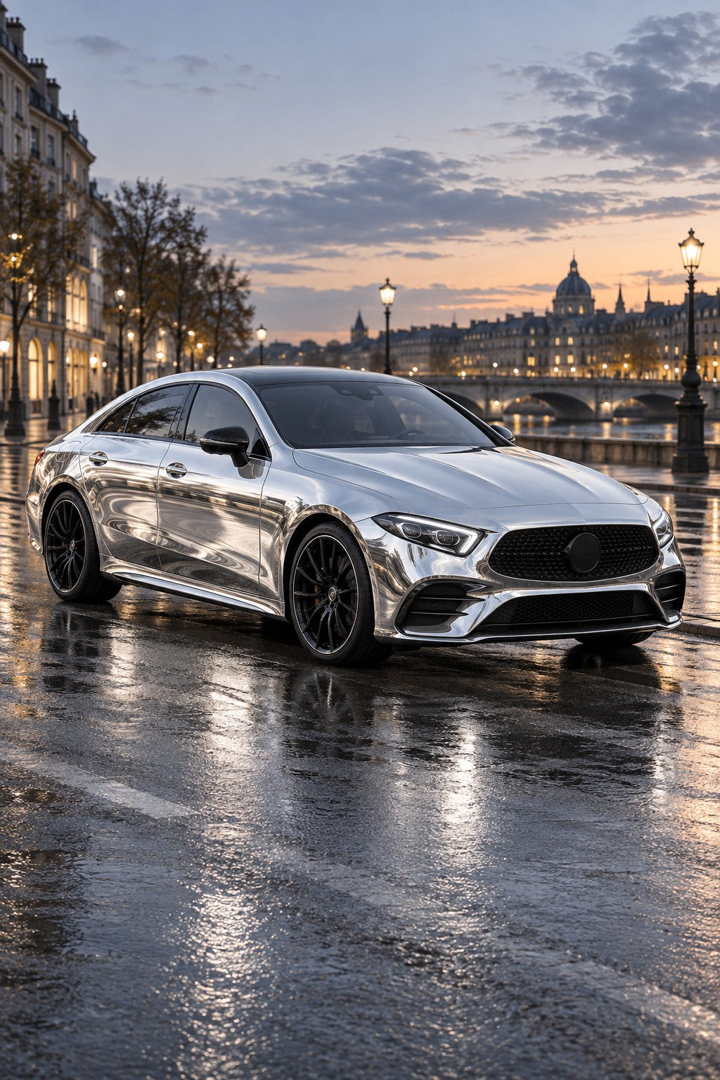HIGHCOOL Chrome Silver Color PPF, rendering of a wrapped car on location
