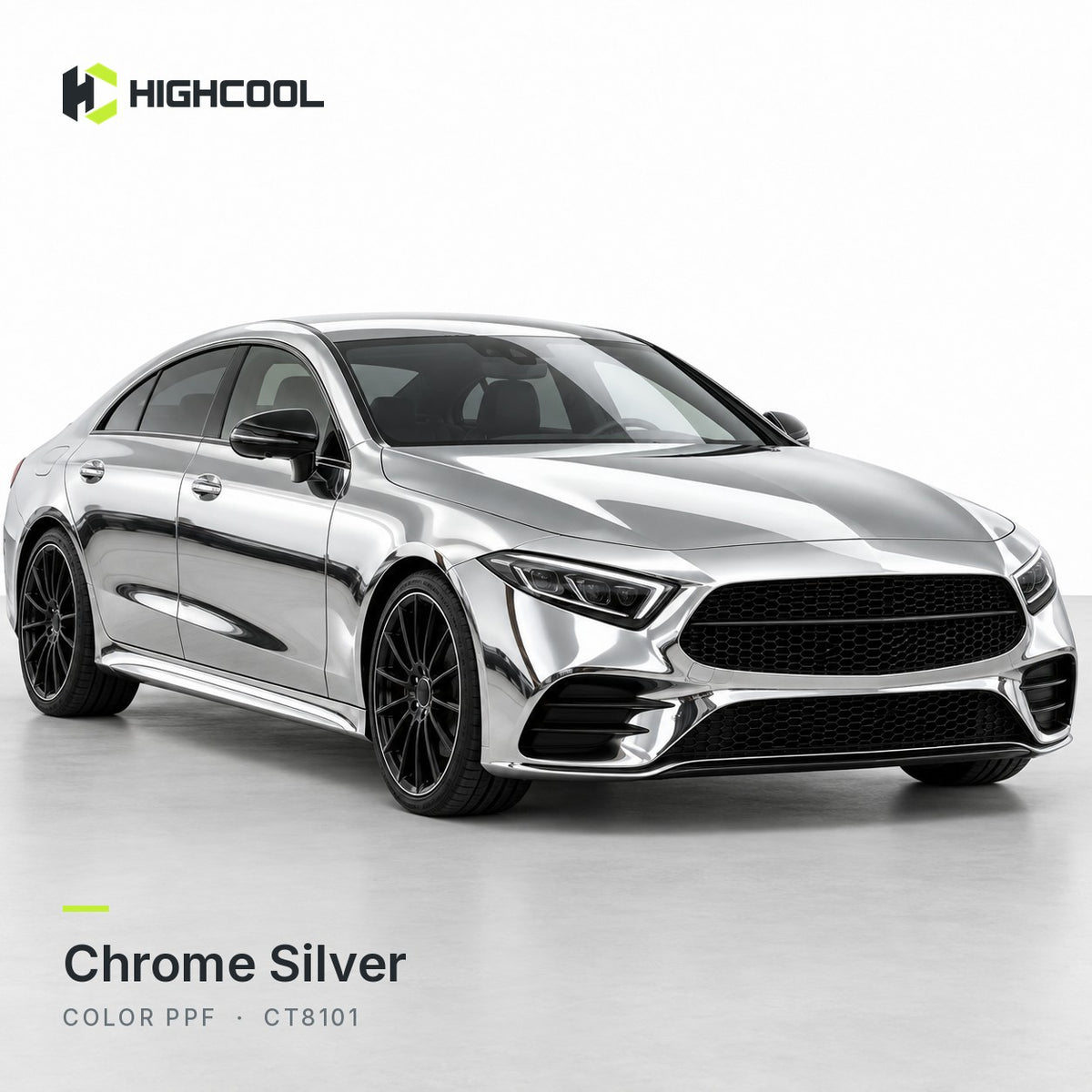 HIGHCOOL Chrome Silver Color PPF (CT8101) on a car, studio rendering