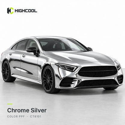 HIGHCOOL Chrome Silver Color PPF (CT8101) on a car, studio rendering