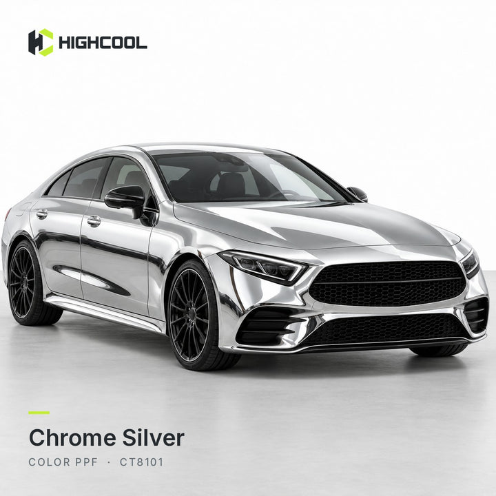 HIGHCOOL Chrome Silver Color PPF (CT8101) on a car, studio rendering