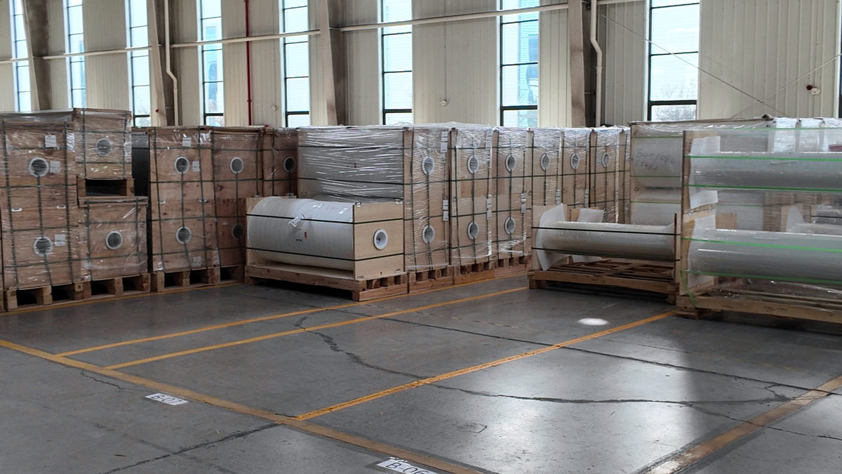 Export-packed film rolls on pallets in the HIGHCOOL factory
